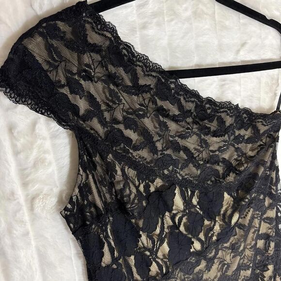 ONYX NITE Black Lace One Shoulder Nude Slip Sheath Party Dress Medium M 18” ptp - Picture 2 of 7